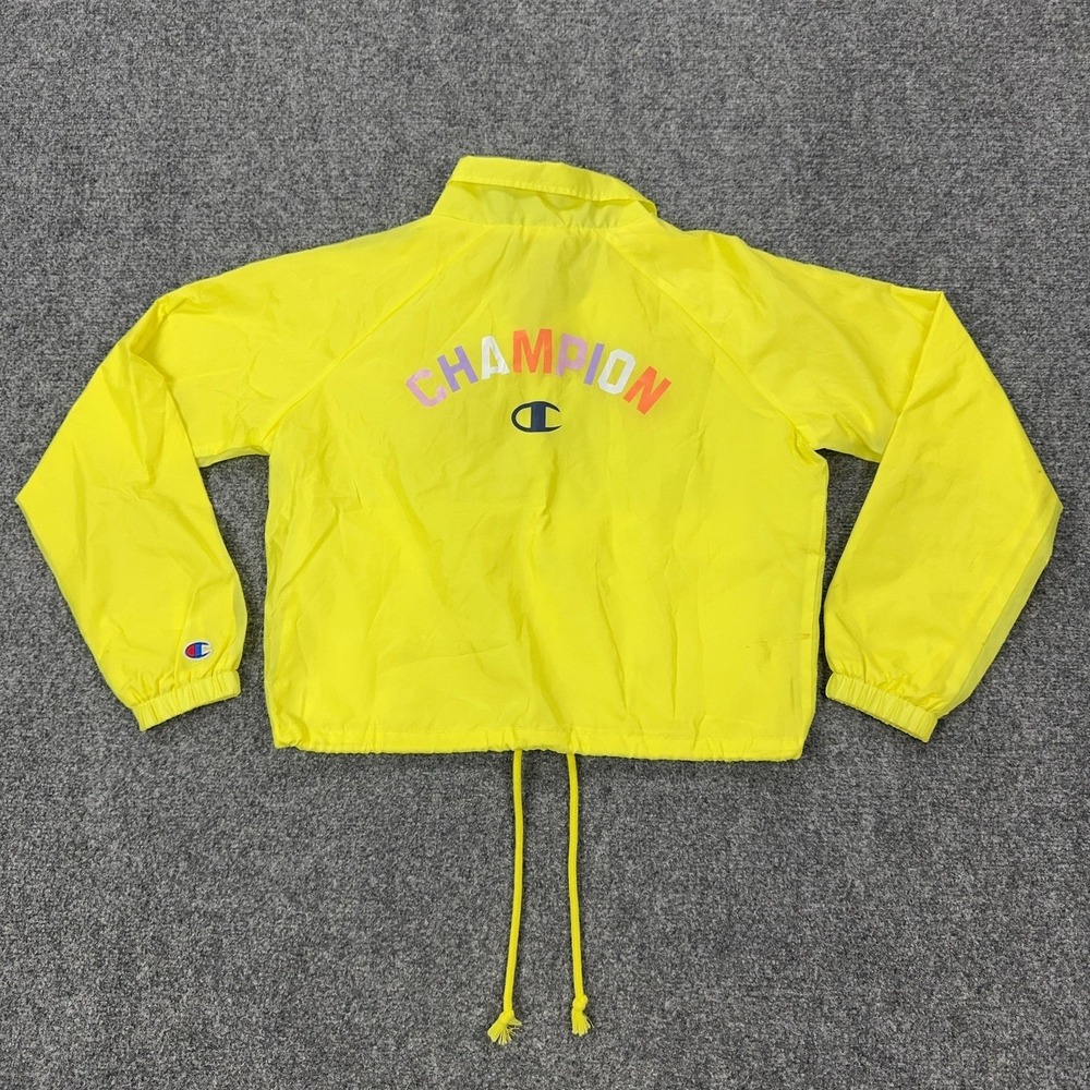 Champion Jacket Womens Small Yellow Coach Windbreaker Snap Front Drawstring Logo